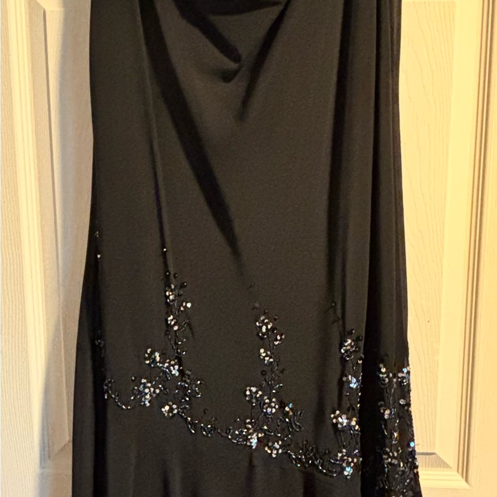 Xscape Black Sequin Asymmetrical hem tea length special occasion dress